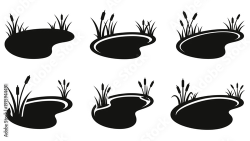 Set of stylized pond icons with reeds and water plants, black silhouette on white background