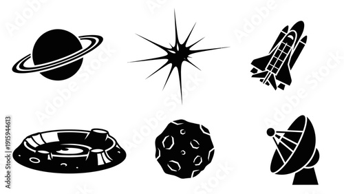 Space Icons: Saturn, Star, Shuttle, Crater, Asteroid, Satellite Dish