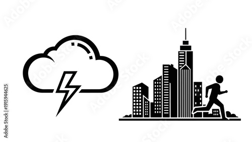 Stormy weather approaching city, person running away from storm clouds