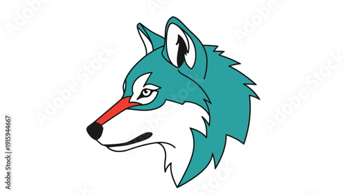 Stylized Wolf Head Logo, Fierce Teal and Red Animal Portrait, Graphic Design Element