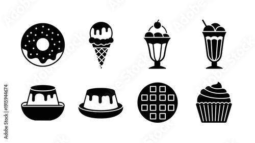 Sweet Desserts Collection: Donut, Ice Cream, Sundae, Milkshake, Pudding, Waffle, Cupcake Icons