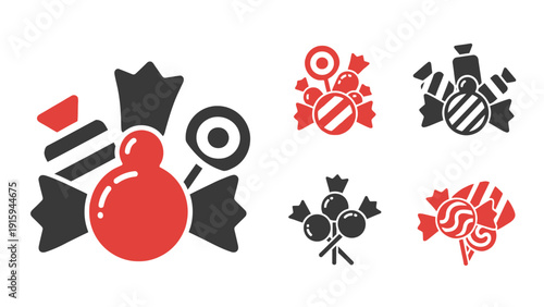 Sweet Candies Icons Set: Lollipops, Wrapped Sweets, and Candy Corn - Red and Black