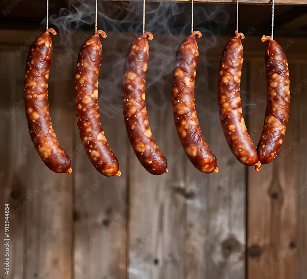 Fototapeta premium Smoked sausages hanging in a smokehouse, rustic wooden background