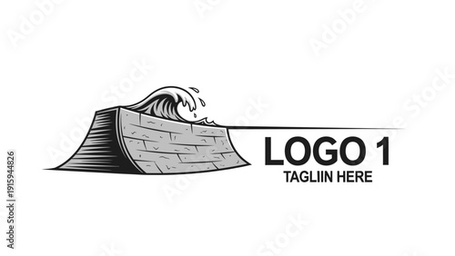 Wave Crashing Over Stone Barrier Logo Concept