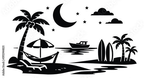 Silhouette graphic illustration of a tropical beach scene depicting a moonlit ocean with palm trees and leisure items for summer vacation themes