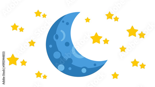 Whimsical Blue Crescent Moon and Yellow Stars on White Background