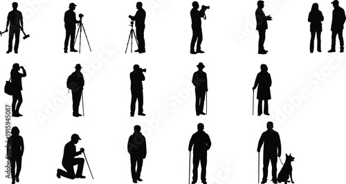 Black vector silhouette set of diverse people including photographers with tripods hikers with walking sticks and couples for lifestyle branding and community social design