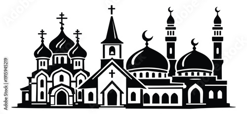 Graphic religious architecture set featuring churches and mosques for interfaith concepts