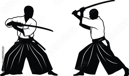 Black and white silhouette vector illustration of two samurai warriors in traditional hakama performing kendo martial arts with katana swords for Japanese culture concepts.