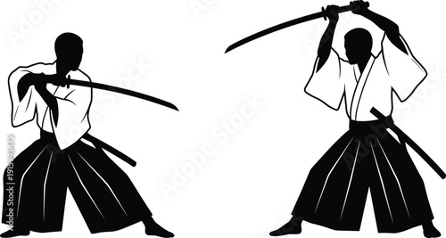 Black and white silhouette vector illustration of two samurai warriors in traditional wide-sleeved kimonos performing kendo martial arts with katana swords for Japanese culture.