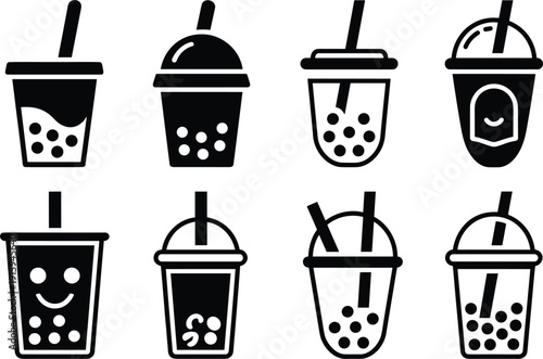 Collection of eight black and white bubble tea drink icons with straws boba beverage