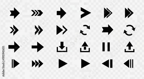 Collection of Black Navigation and Control Icons: Arrows, Play, Pause, Download, Upload, Refresh