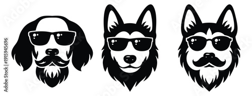 Graphic dog heads set featuring stylish dogs wearing sunglasses, mustaches, and a beard for modern pet branding