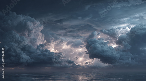 A dramatic thunderstorm over the sea, with lightning illuminating the dark clouds
