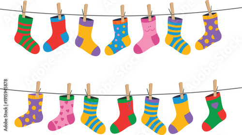 Colorful cartoon socks hanging on clotheslines with wooden clothespins vector illustration
