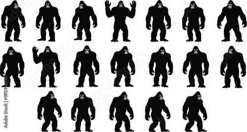 Bigfoot Yeti Silhouettes Set, Sasquatch Mythical Monster Character Black and White Vector Illustration Collection Isolated