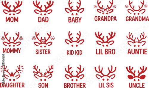 Red reindeer antlers with family titles for Christmas holiday celebrations on white background vector