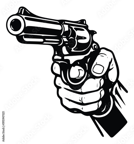 Line art illustration of a hand holding a revolver depicting pointing at the viewer for danger concepts