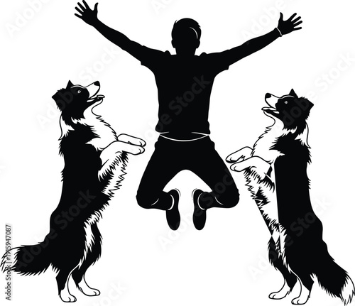 Man Jumping with Border Collie Dogs Silhouette, Pet Training and Obedience Black and White Vector Illustration Isolated