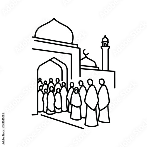 Muslim men gathered outside mosque, simple line drawing