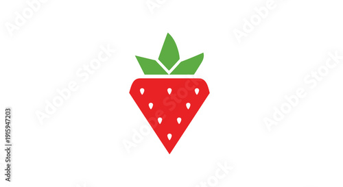 Stylized strawberry with green leaves and red body with white dots.