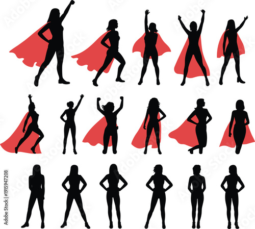 Silhouettes of women in superhero poses with red capes on a white background woman female