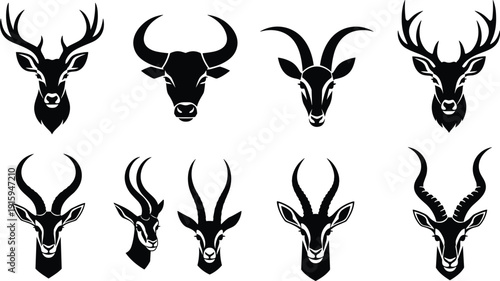 Deer and Antelope Head Silhouettes Collection, Wild Horned Animal Vector Illustration Set Black and White Isolated Icons