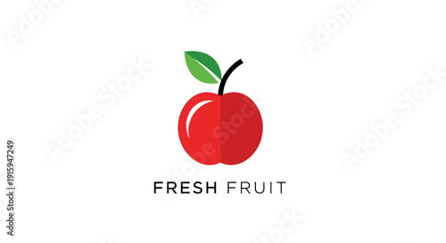 Vibrant Red Apple with Green Leaf and FRESH FRUIT Text.