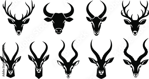 Deer, Buffalo and Antelope Head Silhouettes Collection, Wild Horned Animal Vector Illustration Set Black and White Icons