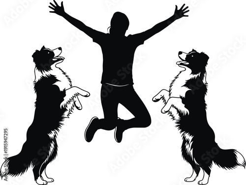 Man Jumping with Two Border Collie Dogs Silhouette, Pet Training Obedience Concept Black and White Vector Illustration