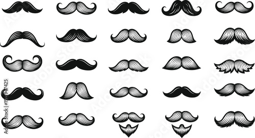 Mustache Silhouette Collection, Vintage Hipster Beard and Moustache Styles Black and White Vector Illustration Set Isolated