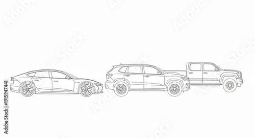 Line art drawing of a sports car SUV and pickup truck.