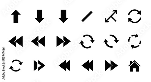 Collection of Black Navigation and Control Icons: Arrows, Refresh, Home, Rewind, Fast Forward