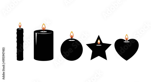 Black Candles in Various Shapes: Heart, Star, Sphere, Cylinder, Taper