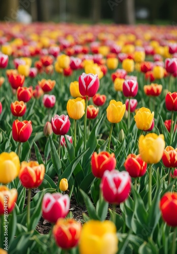 Field of Red and Yellow Tulips with Green Stems