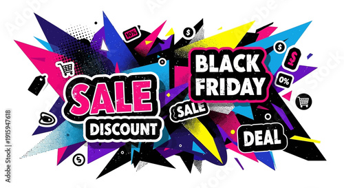 Black Friday Sale Discount Deal Abstract Background with Geometric Shapes and Icons
