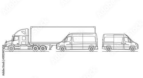 Line drawing of a semi truck and two vans.