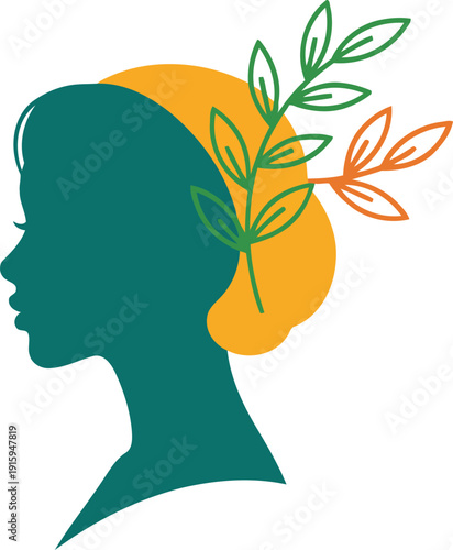 Silhouette Profile of a Woman with Floral Leaves and Botanical Hair Accessory