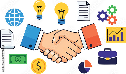 Handshake symbolizing business partnership, agreement, and deal, surrounded by corporate, finance, idea, and global icons.