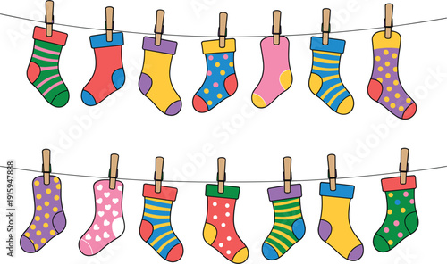 Two rows of colorful patterned socks hanging on clotheslines with clothespins Keywords: socks, stockings, footwear, clothing