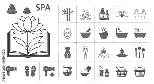 Spa icons depicting wellness relaxation and beauty treatments in monochrome