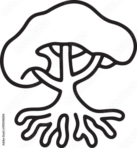 Abstract stylized mushroom organism outline showing distinct root system and upper cap simple vector illustration