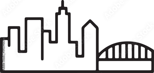 Black outline of a cityscape with buildings and a bridge against a transparent background