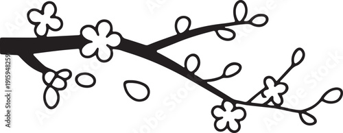 Decorative cherry blossom branch outline illustration featuring blooming flowers and small leaves vector graphic