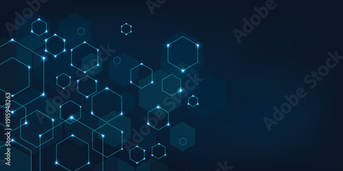 Hexagons pattern on blue background. Genetic research, molecular structure. Chemical engineering