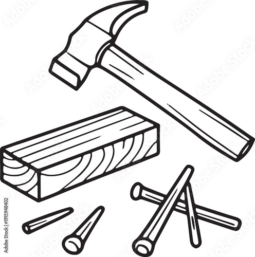 Hammer nails and wood blocks carpentry tools for construction building home repair