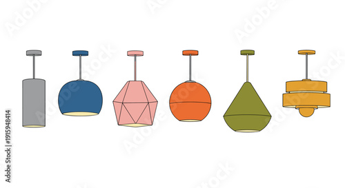 A row of colorful uniquely shaped pendant lights on white background