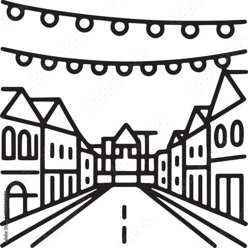 Urban cityscape outline street view showing old town architecture buildings and decorative hanging string lights