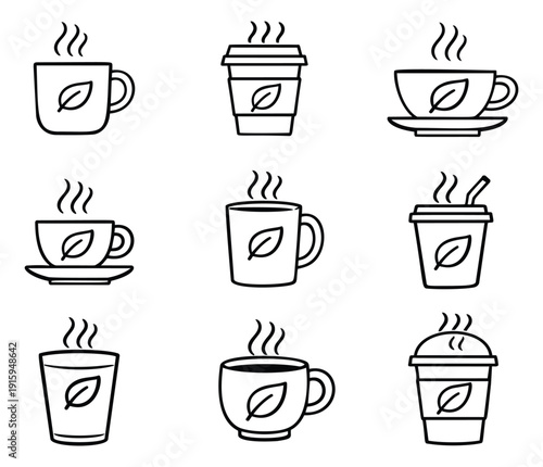 Hand drawn line art hot beverages set featuring steaming cups and mugs with a leaf icon for cafe and menu design