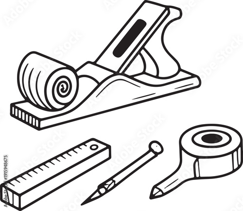 Woodworking tools set, hand plane with wood shavings, ruler, pencil and tape measure